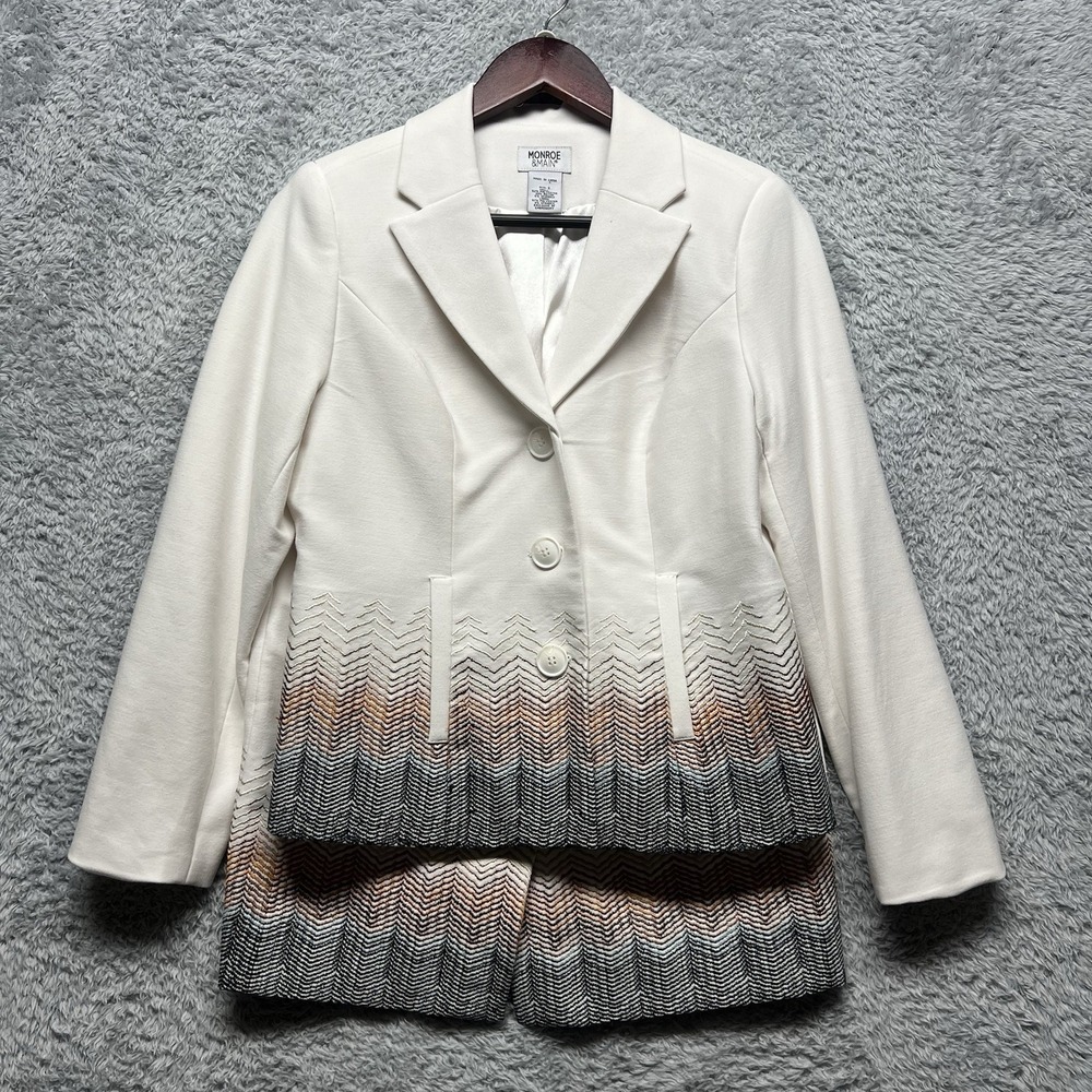 Monroe & Main Skirt Suit Womens 6‎ Ivory Blazer Skirt Embroidered Chevron Modern